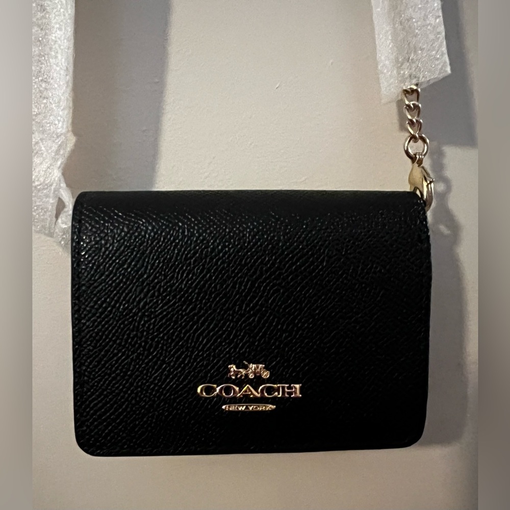 NWT COACH BLACK CROSS GRAIN LEATHER MINI WALLET ON GOLD CHAIN